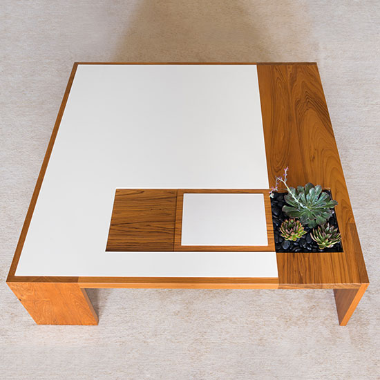 The Hugo Coffee Table Custom is the largest in a series of hand-crafted, adaptable tables that can be activated by optional components to suit different life-styles.