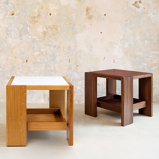 Part of the Box Table Series, the Oscar Side Table is a hand-crafted, adaptable, and durable table featuring a solid wood frame, box shelf insert, and Corian top.